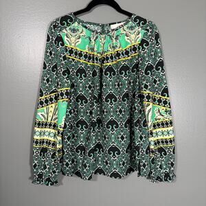 Ann Taylor LOFT Women's Green & Black Bold Print Blouse - Size Small - Peasant